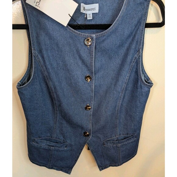 &Merci Denim Vest Blue Cotton Western Rodeo Button Front Size Medium - Picture 8 of 10